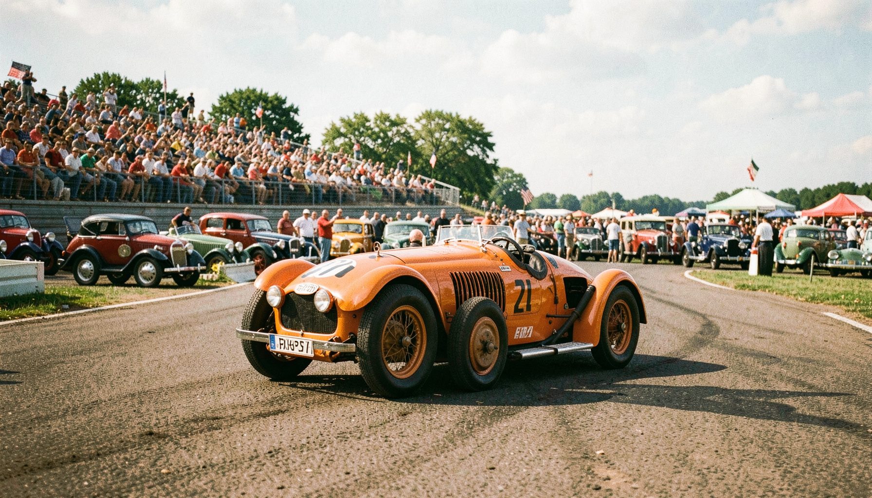 Historischer Rennwagen auf einer Ovalstrecke in Neuengland, umgeben von Zuschauern und anderen Oldtimern unter sommerlichem Himmel