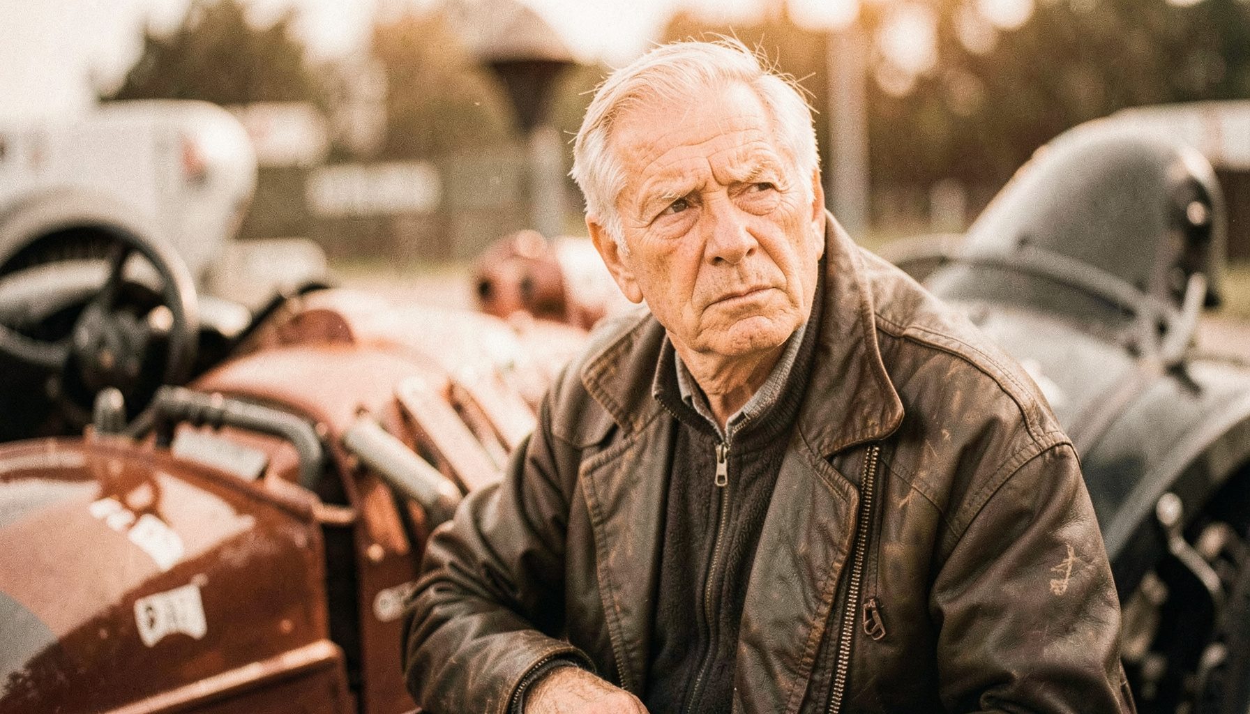 Stilles Schwarz-Weiß-Porträt eines älteren Rennfahrers in Lederjacke, der nachdenklich neben einem historischen Rennwagen steht, weiches diffuses Licht